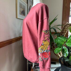 Love Peace & Lazy Days Sweatshirt, Large, Tiger Rose Embroidered Sleeve